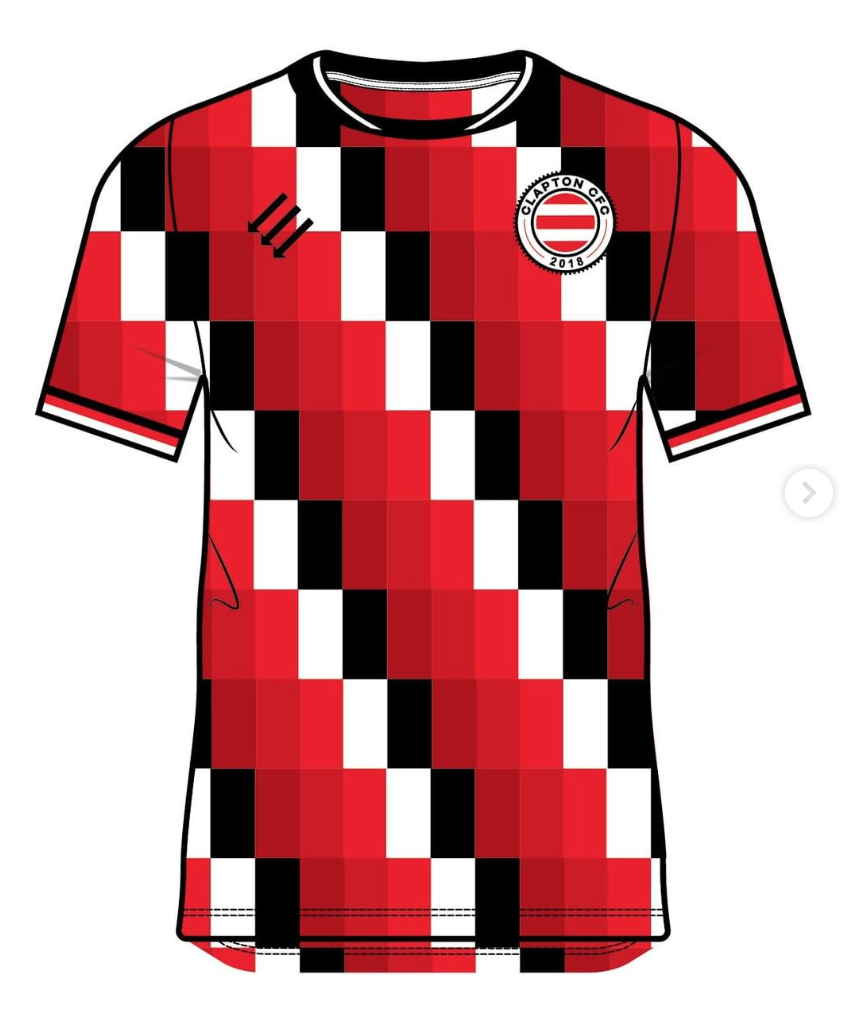 Clapton CFC new shirt selected by fan voting. It features a design with vertical rectangles that are white, black, and three shades of red, in diagonal lines. 